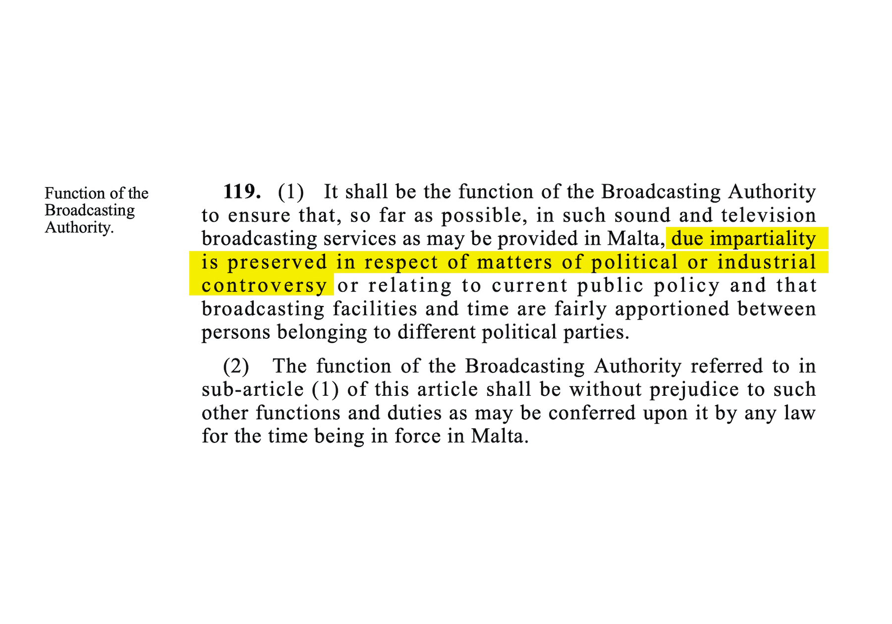 Extract from Article 119 of the Constitution of Malta on impartiality in broadcasting services