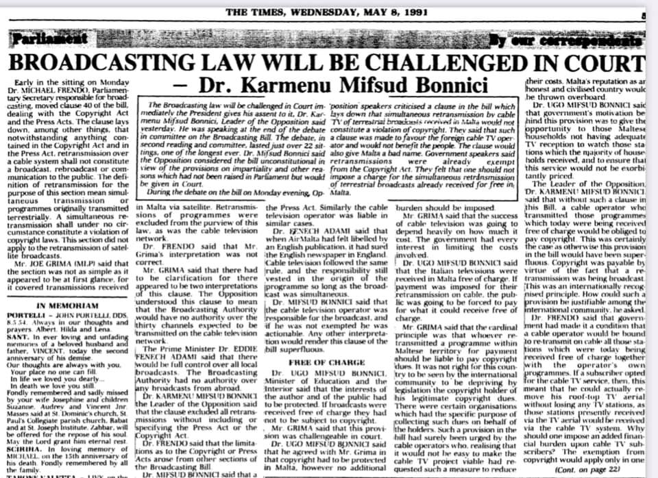 Excerpt of 1991 article by Karmenu Mifsud Bonnici on broadcasting law